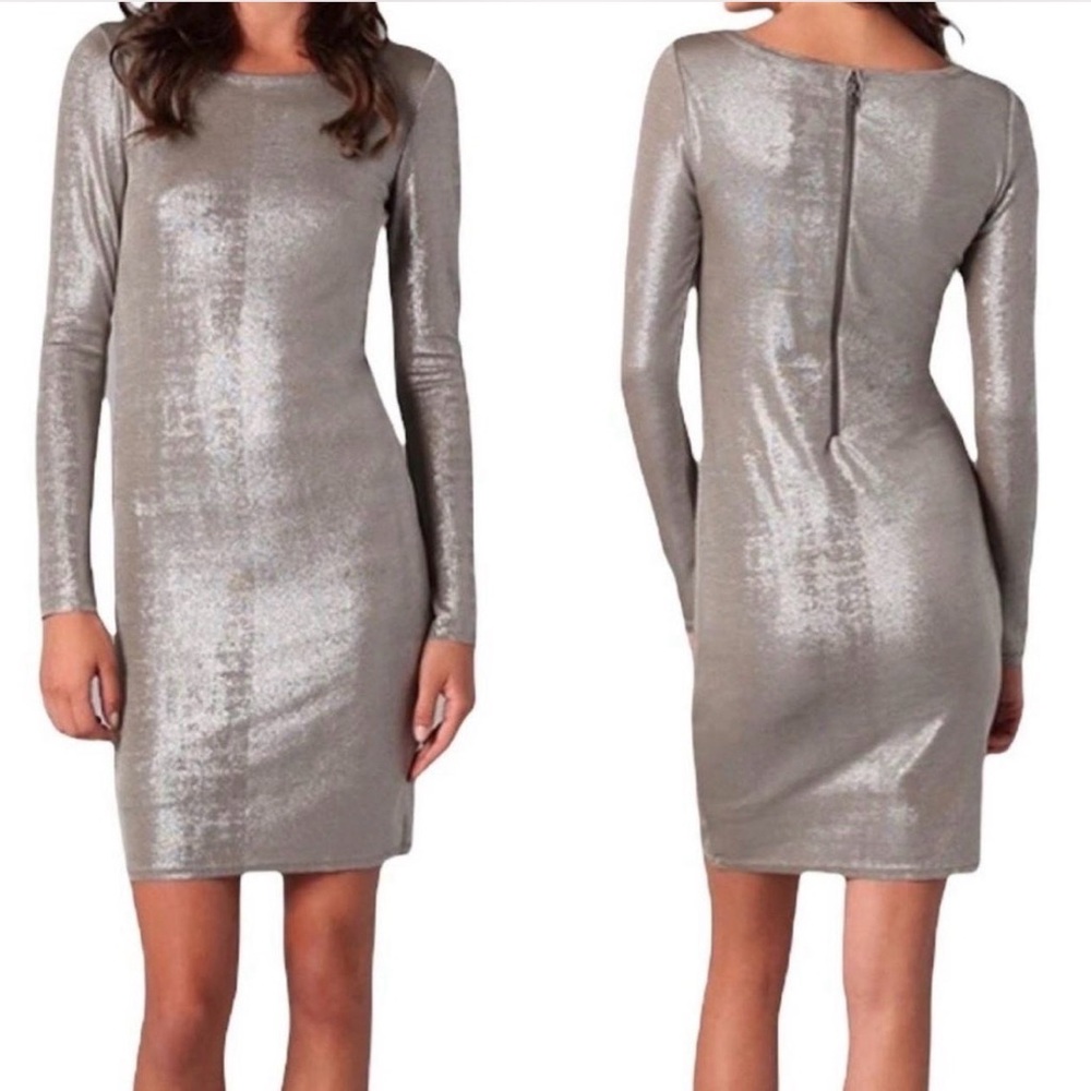 Alice + Olivia Tabitha Fitted Metalic silver Dress medium Lined Stretch 90s Y2K